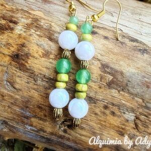 Pearls grandma approved White and Gold Beaded Earrings with aventurine